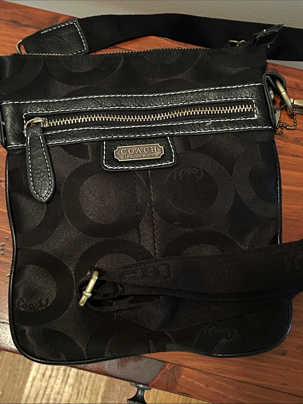 Coach Black Signature Jacquard Crossbody Bag with Leather Trim